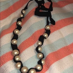 Black ribbon large faux pearl necklace
